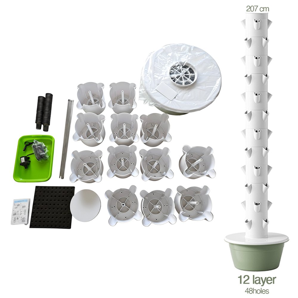 12-layer hydroponic tower angle view showing planting holes