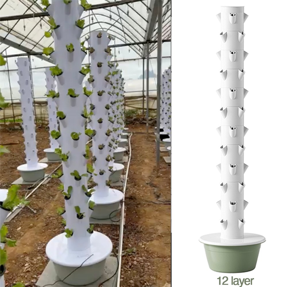 Detail view of 12-layer hydroponic tower layer spacing and plant sites