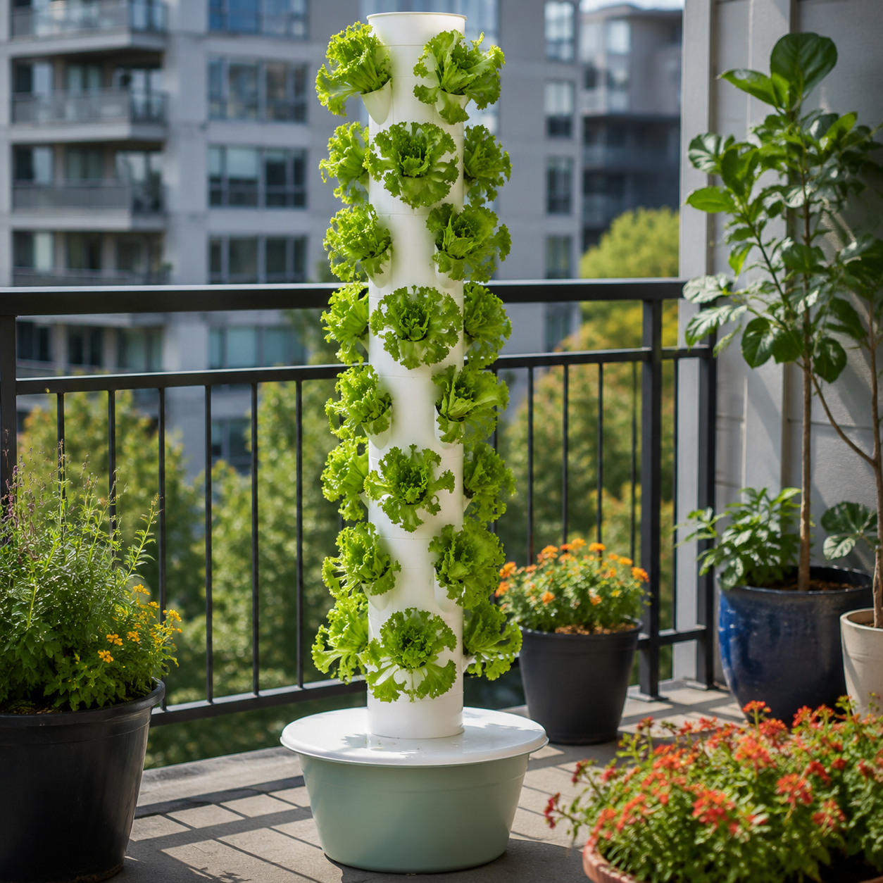 Hydroponic tower on a balcony
