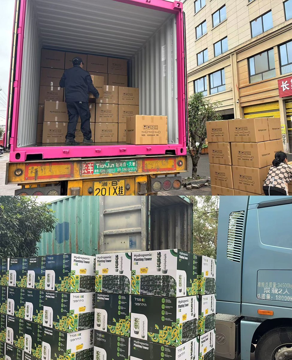 Hydroponic tower container loading for export shipment