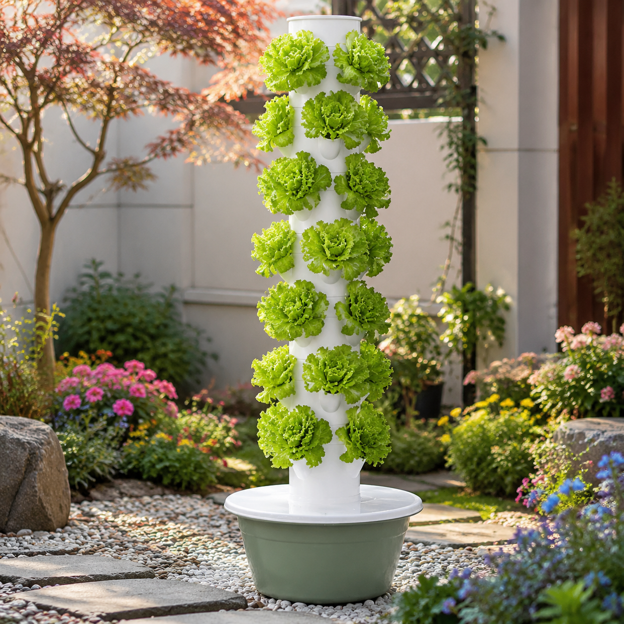 Hydroponic tower in a courtyard garden setting