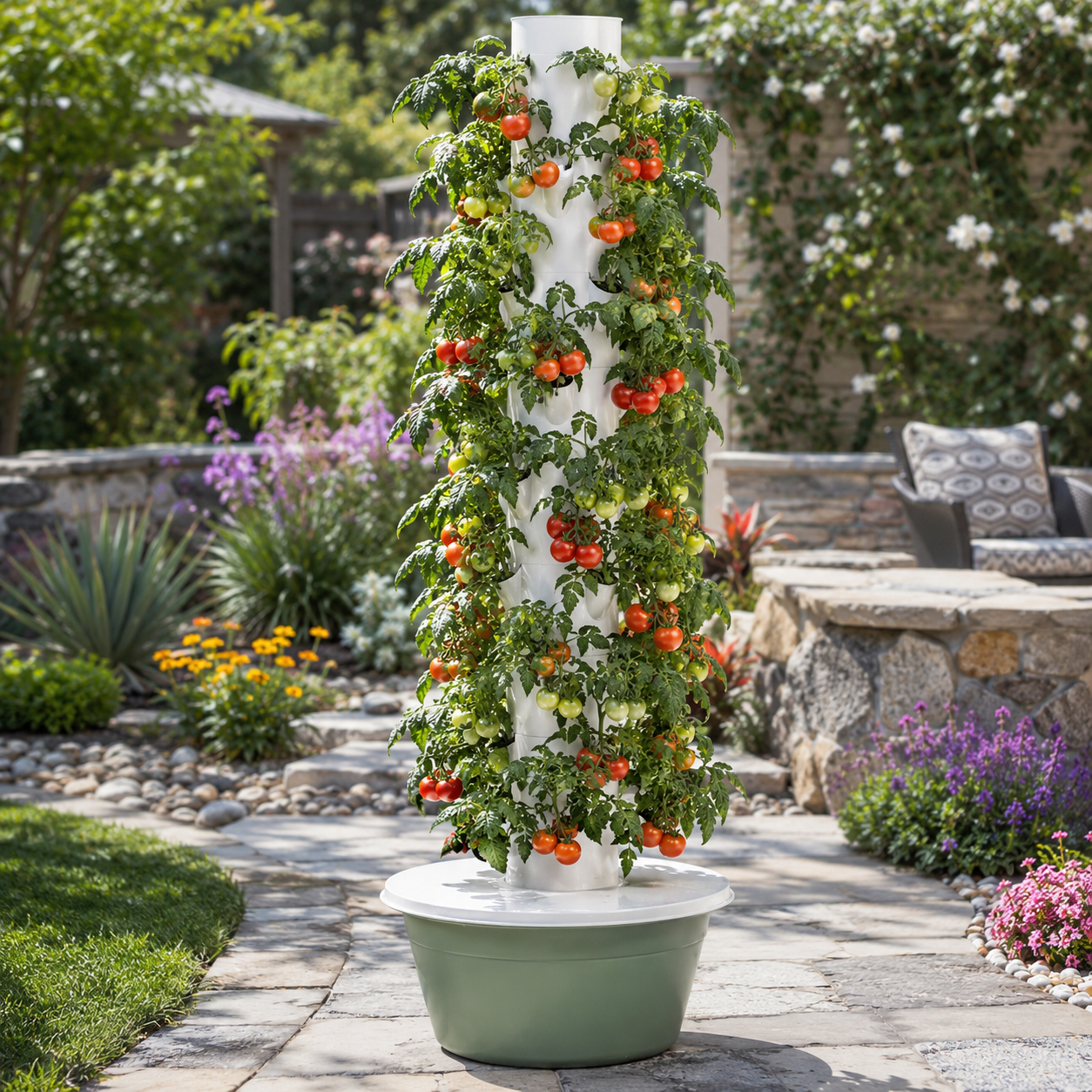 Hydroponic tower growing tomatoes