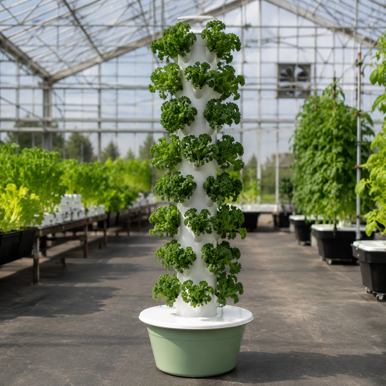 Hydroponic tower growing kale