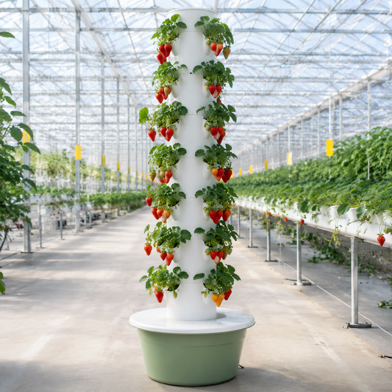 Hydroponic tower strawberry farm inside a greenhouse