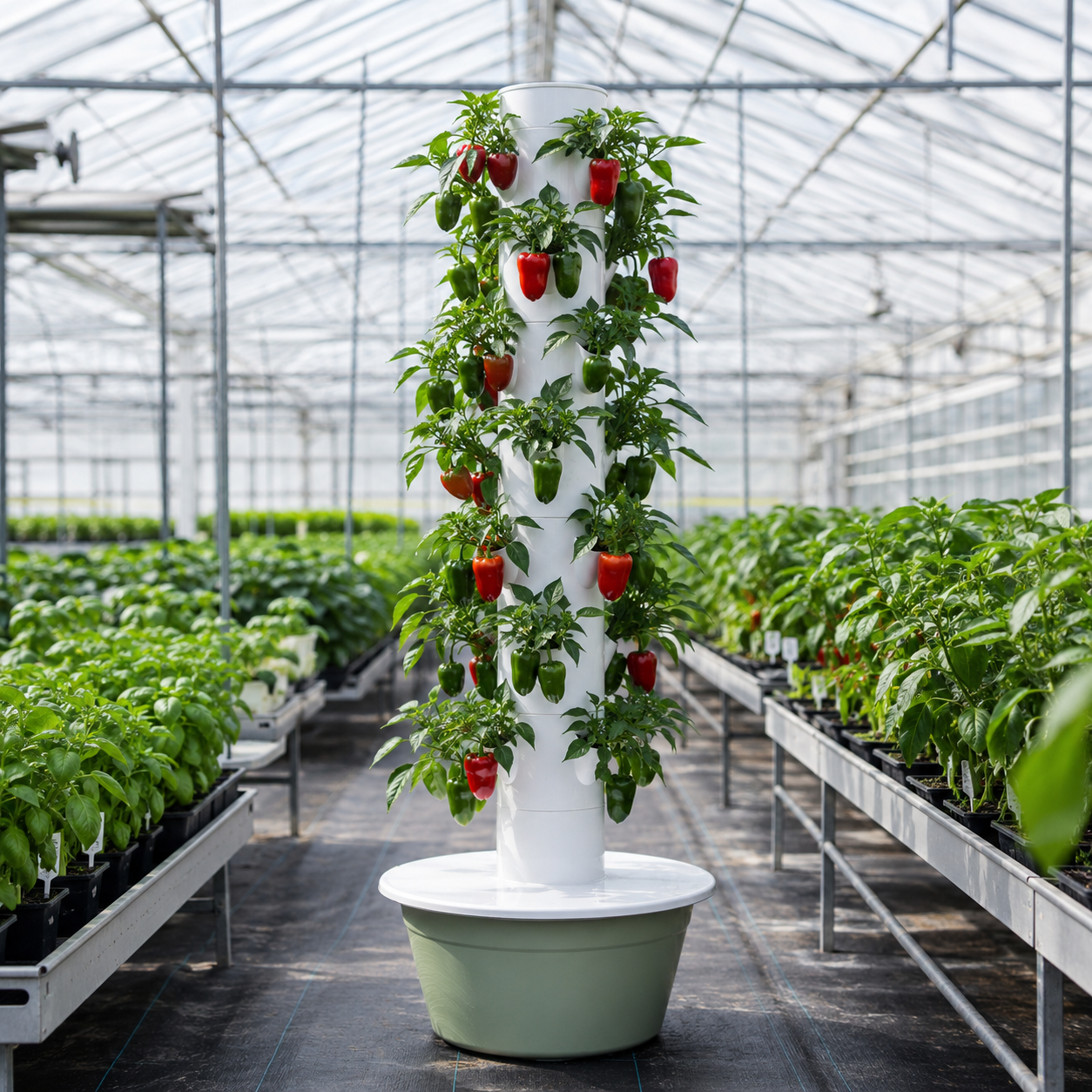 Peppers growing in hydroponic tower with optimized nutrient formulation and feeding schedule