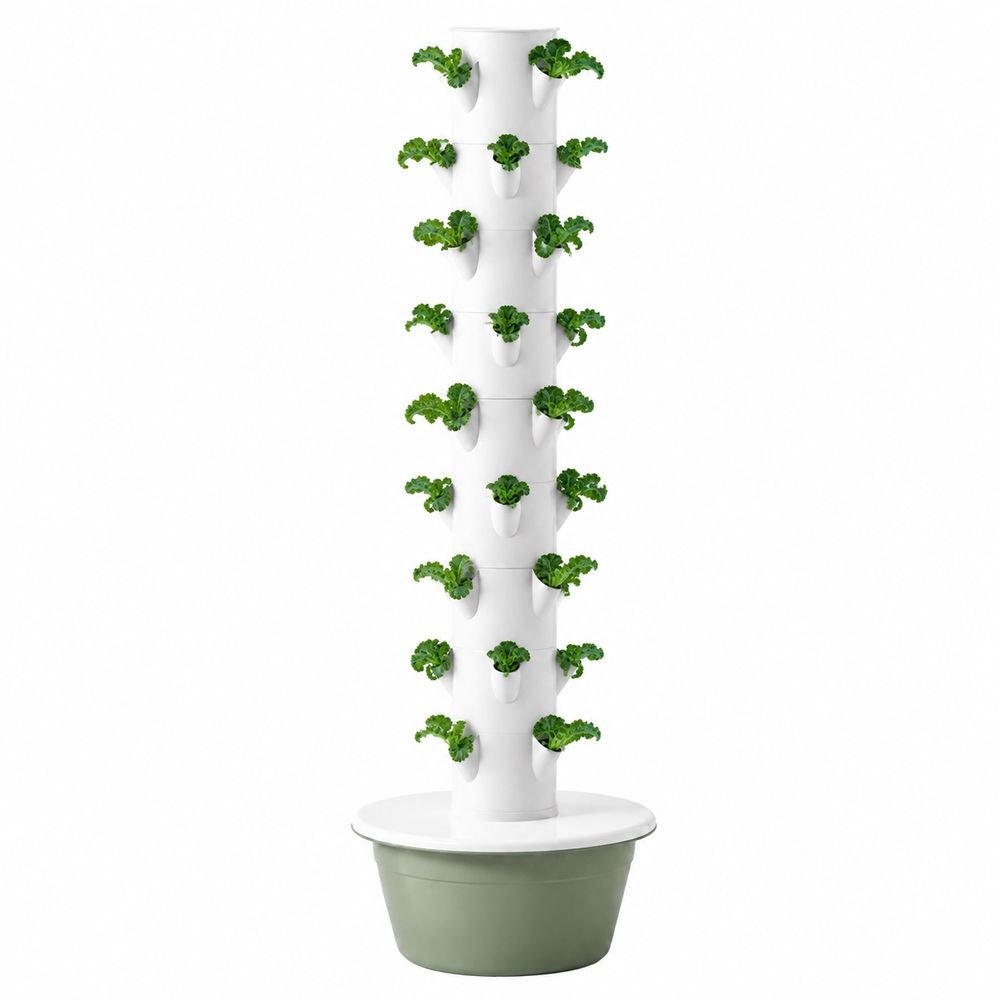 Vertical hydroponic tower with four planting holes per layer used for commercial herb production