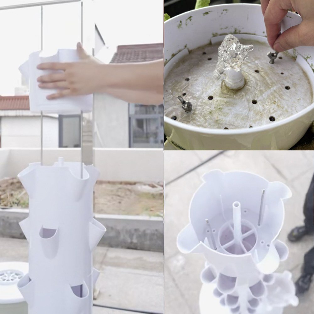 Hydroponic tower components: base reservoir, spray nozzles and interlocking tower sections