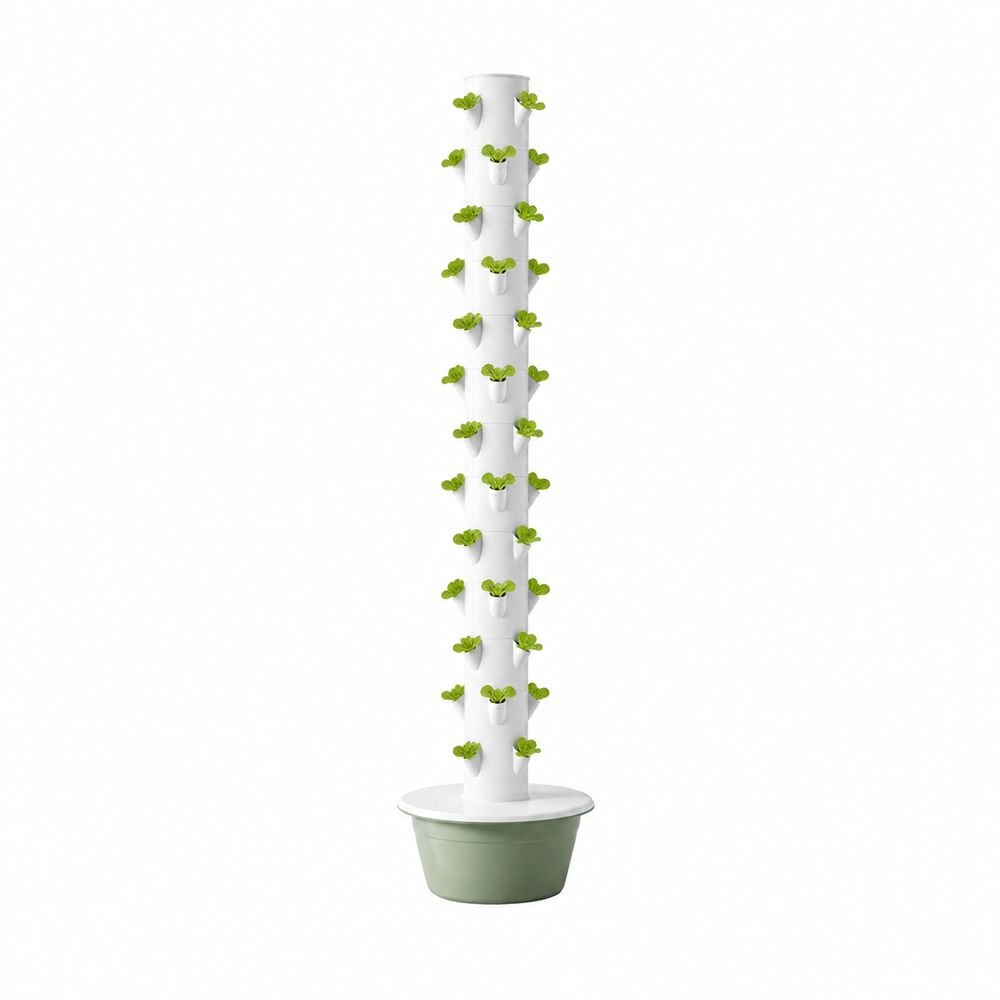 Hydroponic tower with green lettuce growing in vertical planting pockets on a white background