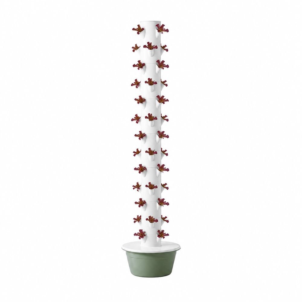 White hydroponic tower with red leaf lettuce growing in vertical planting pockets