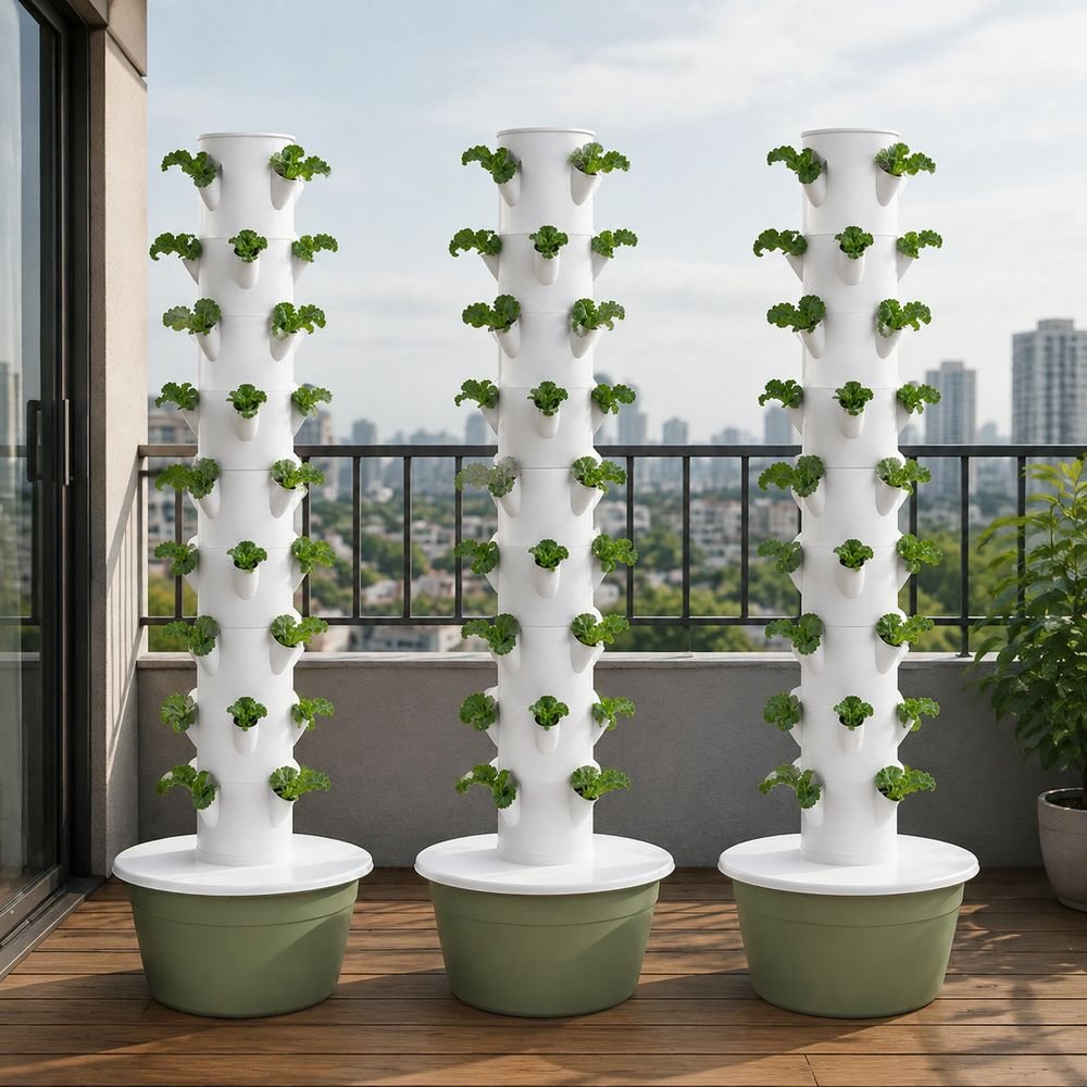 Three hydroponic towers growing leafy greens on an urban balcony with a city skyline behind