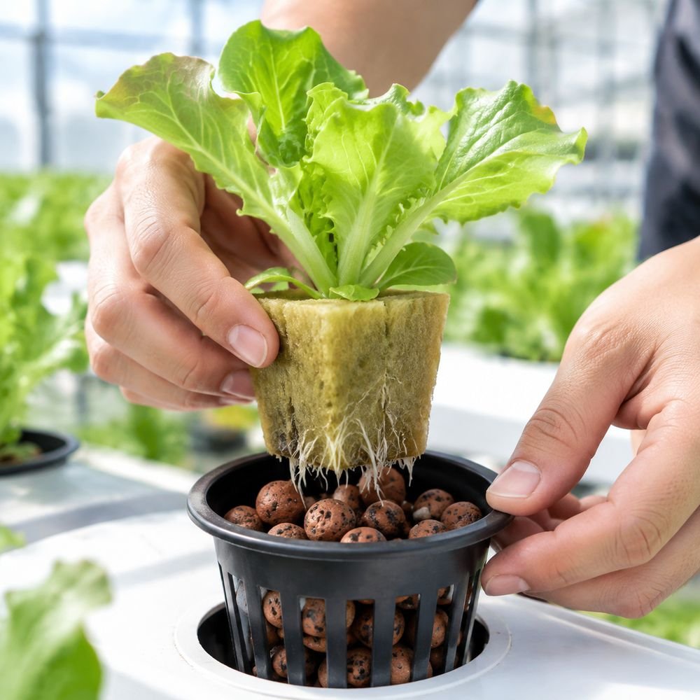 Rockwool cube seedling in a net pot with clay pebbles